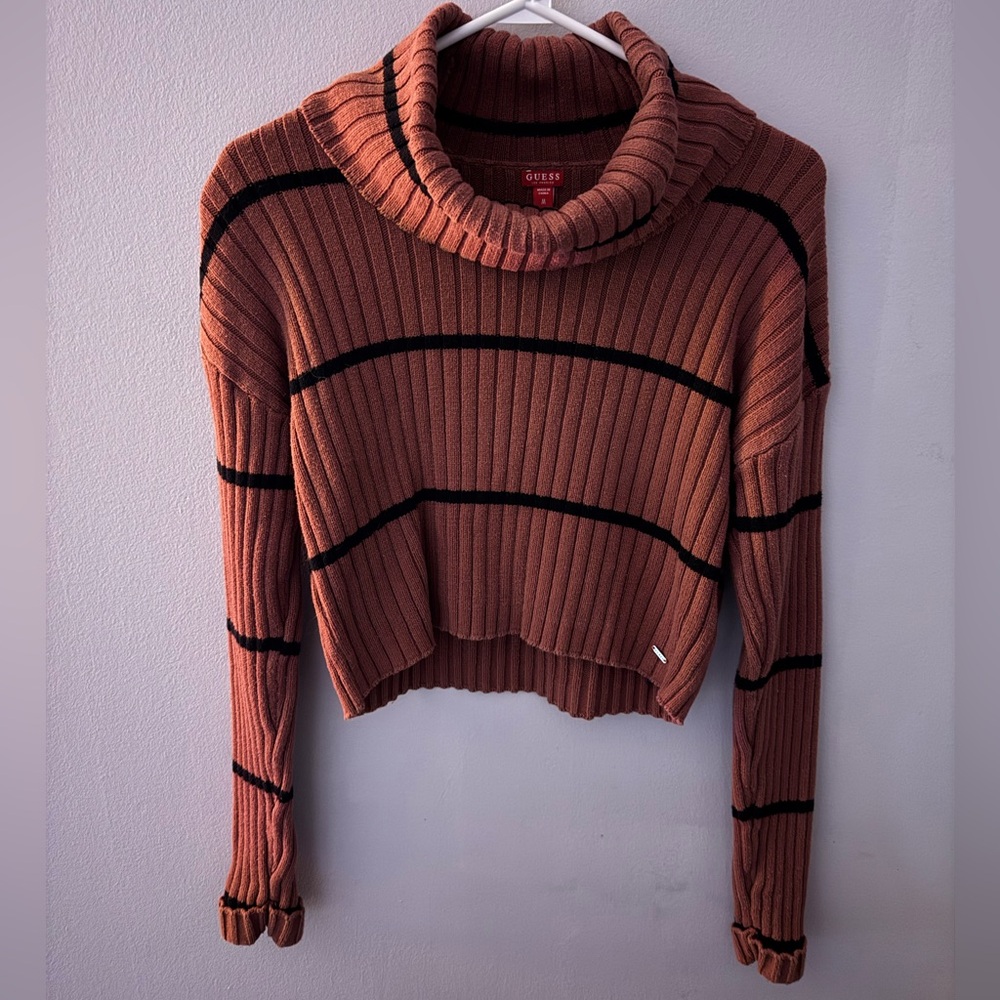 Guess Women's Burgundy and Black Striped Loose Turtleneck Sweater